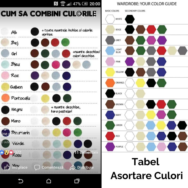 Tabel Combinatii culori in vestimentatie